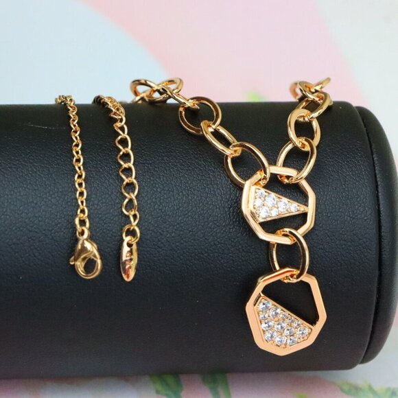 "Rose Gold Chunky Chain Necklace with Crystal Geometric Charms, XPNL1889 - Picture 6 of 12